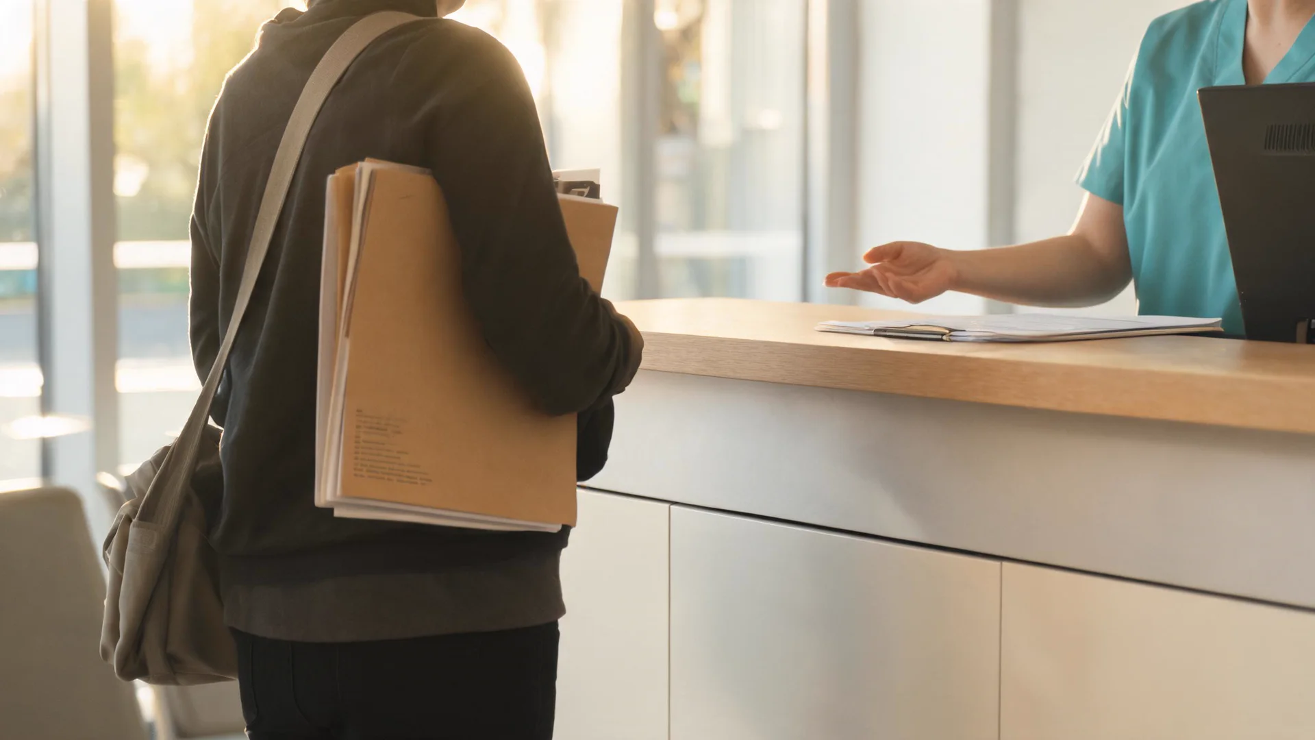 A patient holding a folder of medical records at a hospital reception counter, in daylight