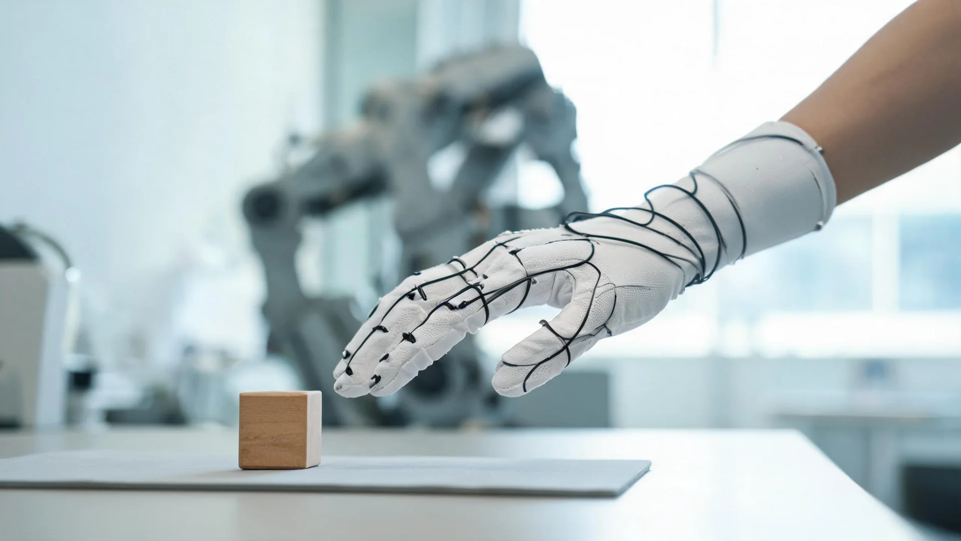 A hand in a sensor glove reaching for a wooden block.