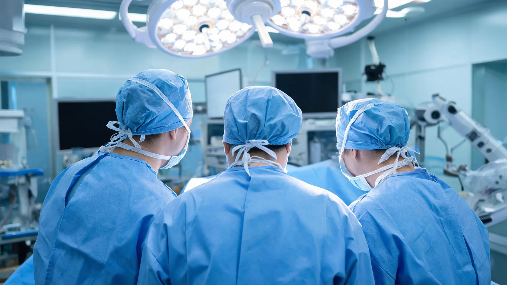A surgical team in blue gowns working under operating lights, seen from behind.
