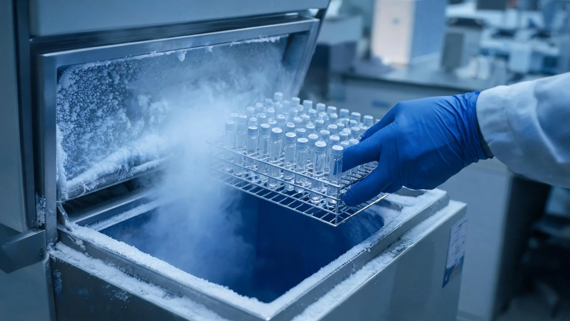 A rack of vials lifted from a cryogenic freezer.