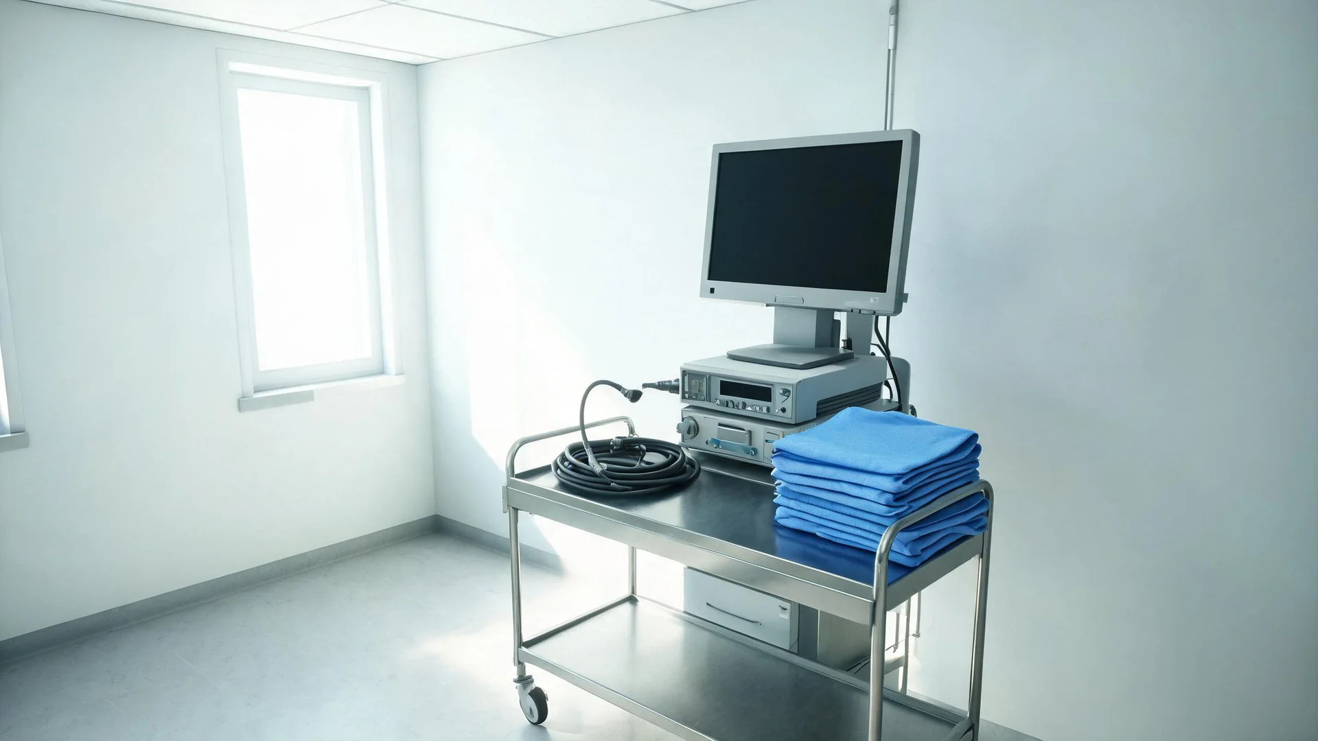 An endoscope tower and a coiled endoscope in a procedure room.
