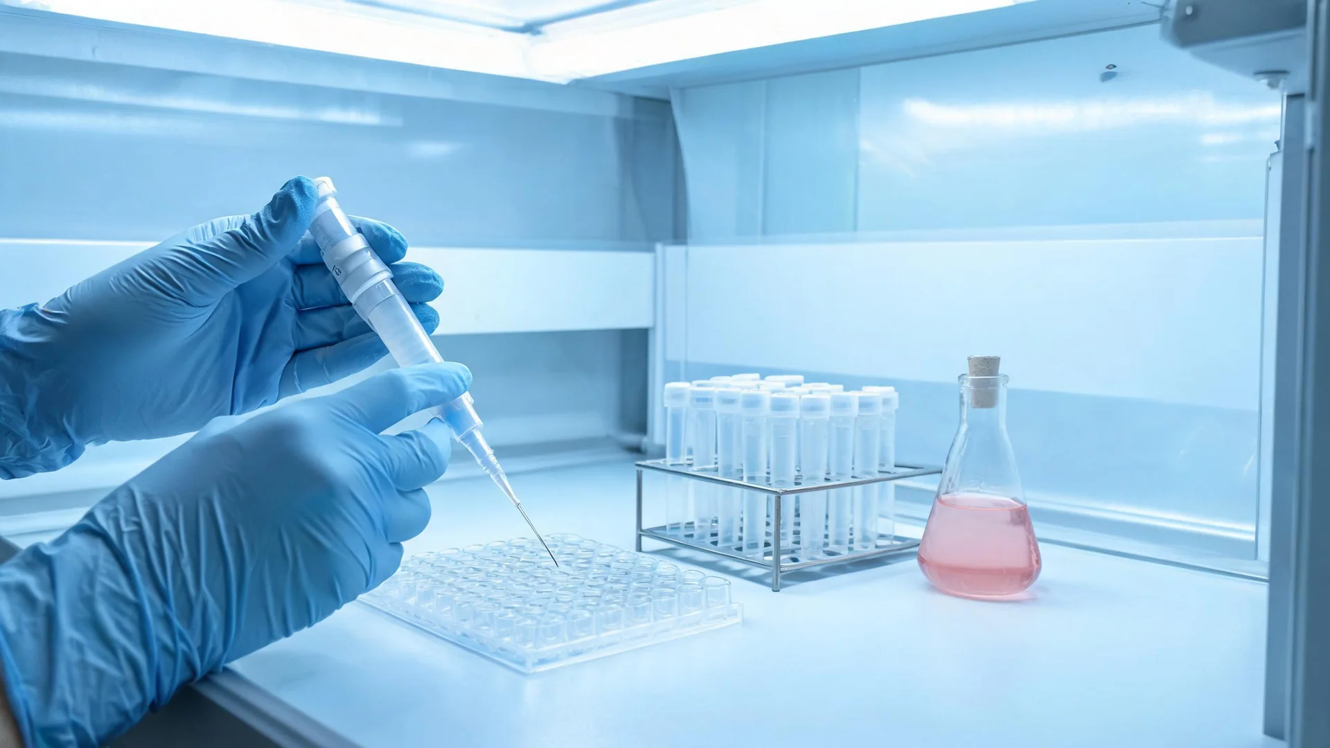 Gloved hands pipetting into a multi-well culture plate.