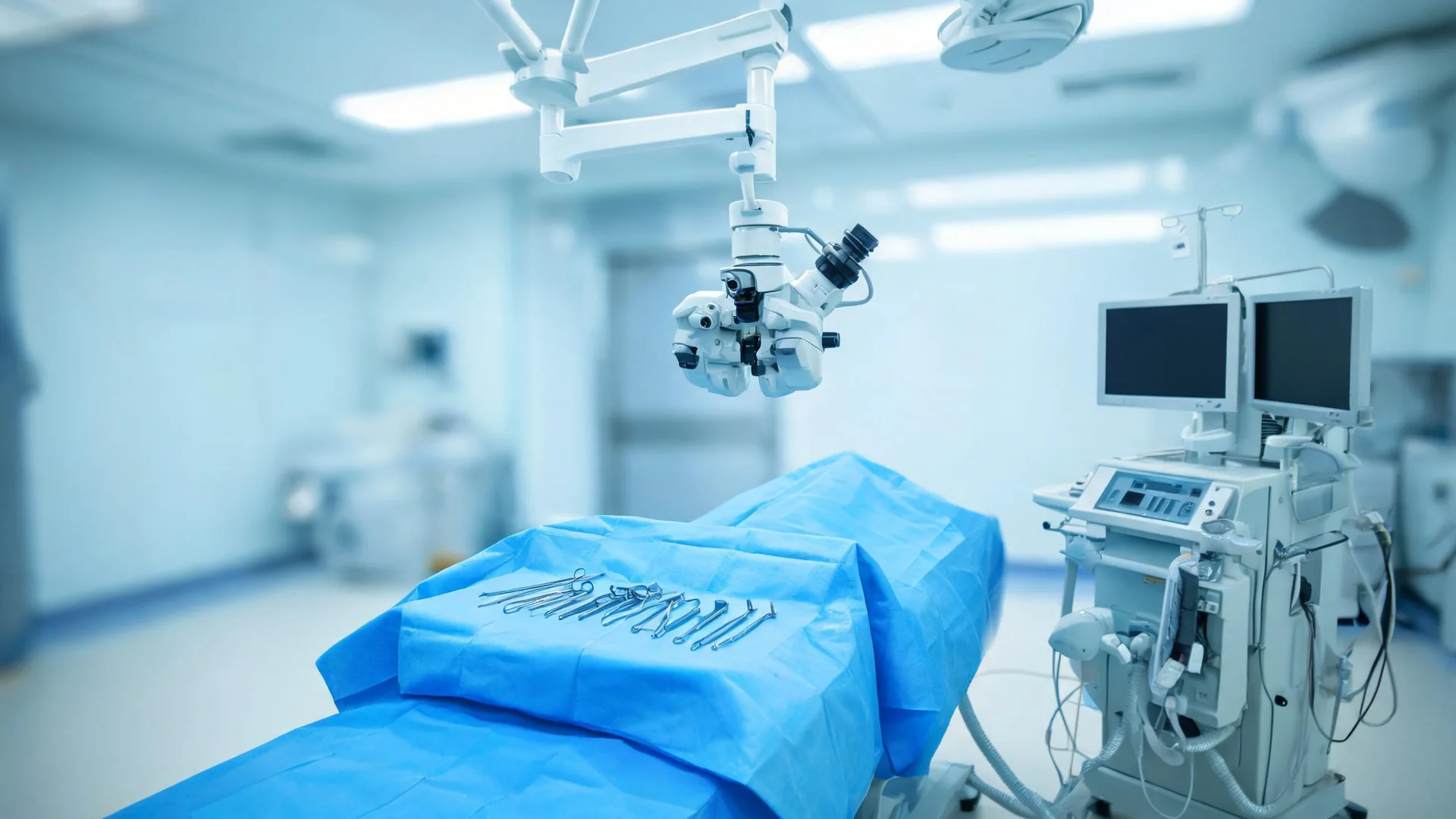 An ophthalmic surgical microscope and equipment in an operating room.