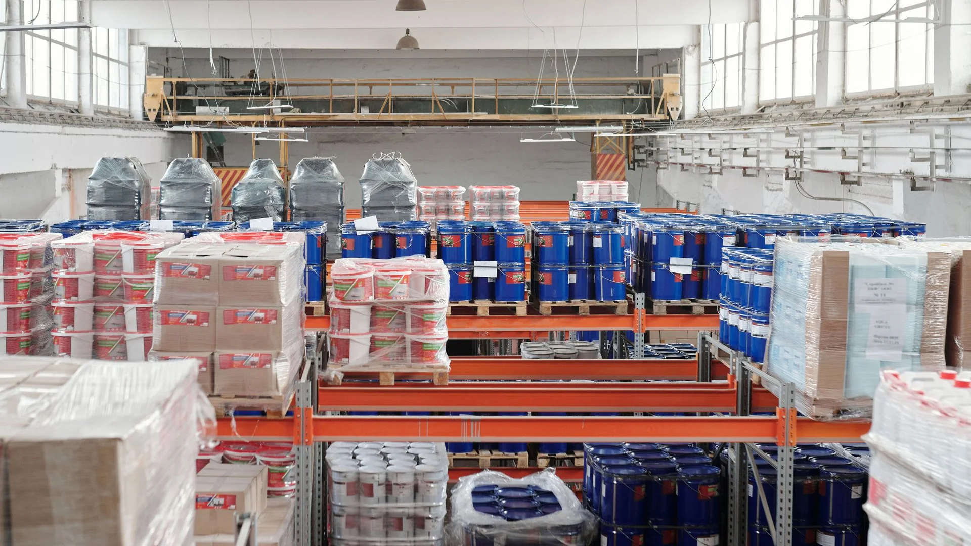Shelves of goods in a warehouse.