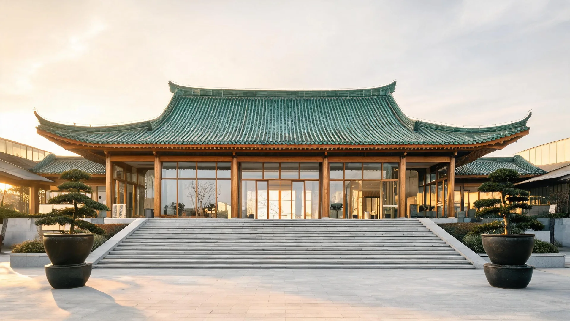 A hospital entrance with a green glazed-tile roof and wide steps.
