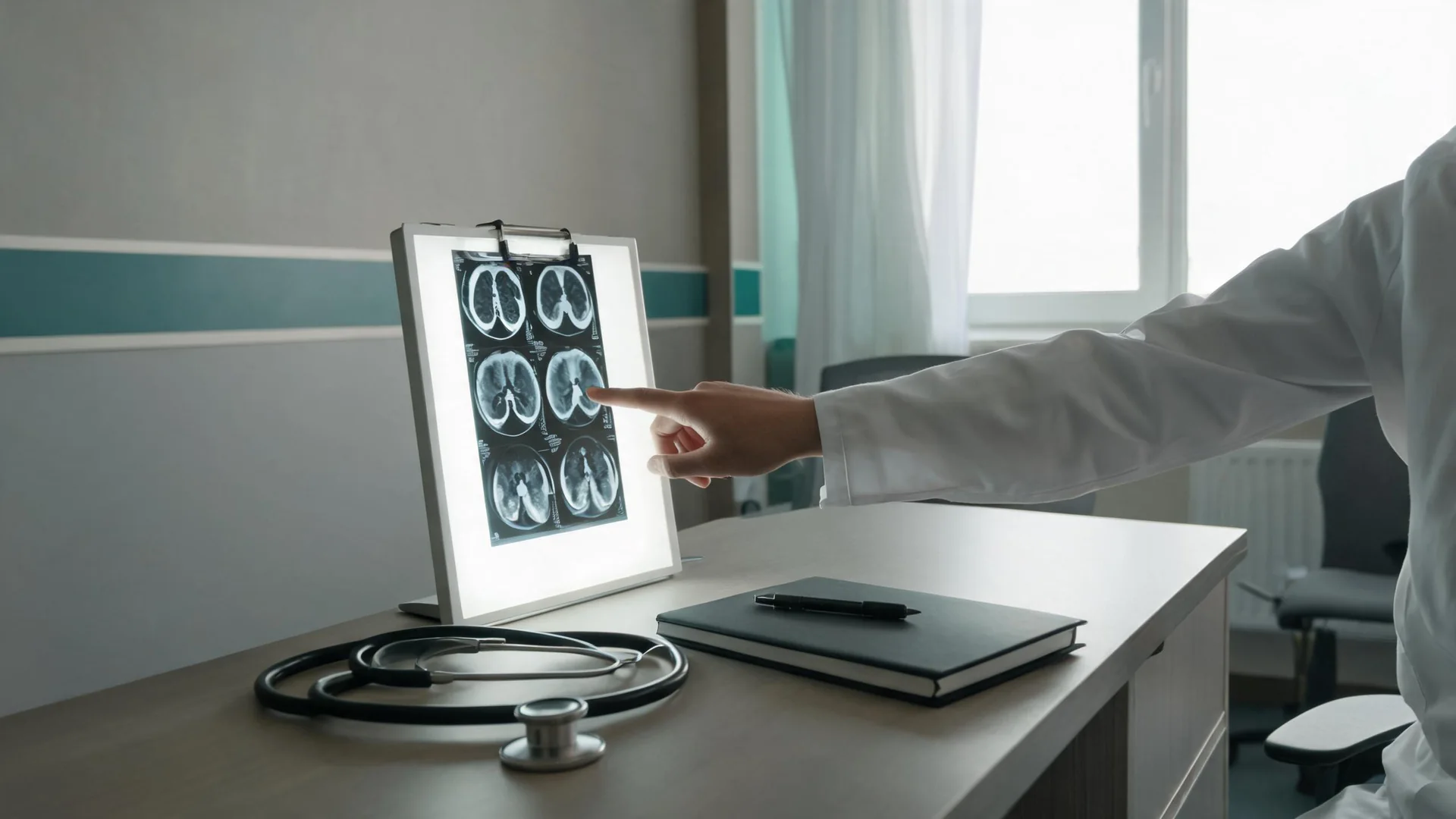A chest CT scan on a lightbox in a clinic.