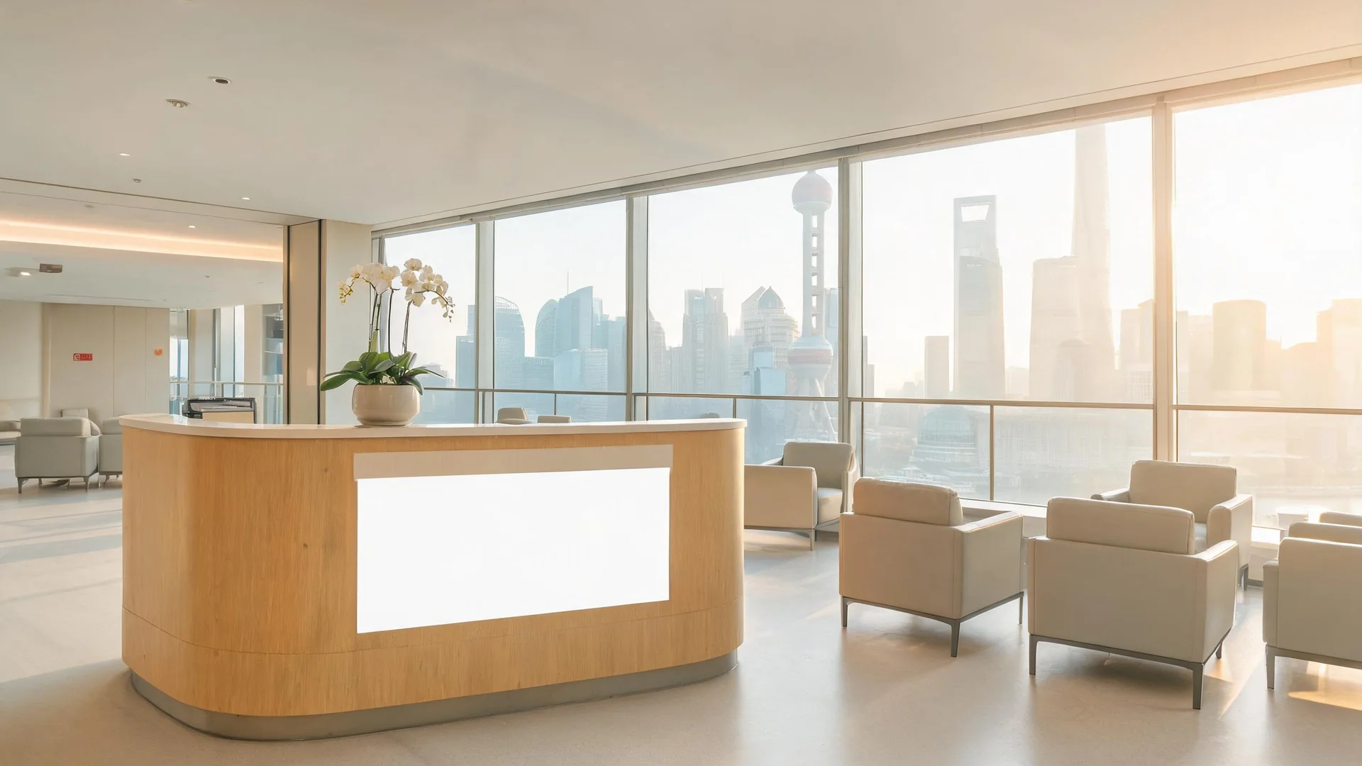 A hospital reception lounge overlooking the Shanghai skyline.