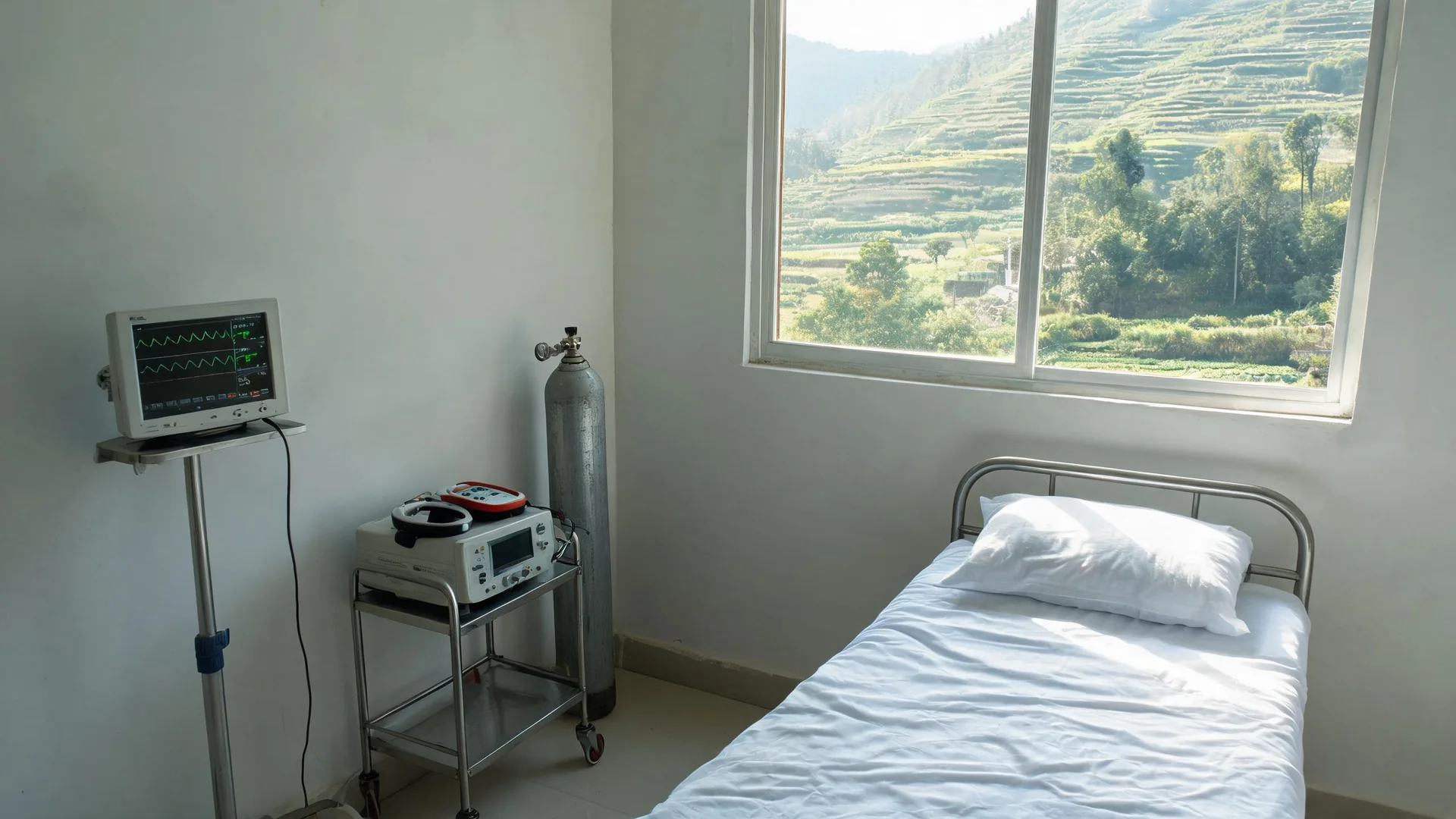An ECG monitor and a defibrillator in a small clinic room.